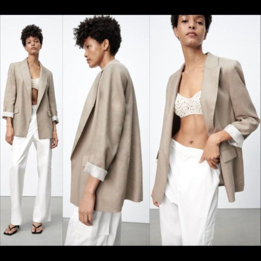 ZARA Linen Oversized Printed Cuff Lined Tan Boyfriend Open Front Blazer size XS